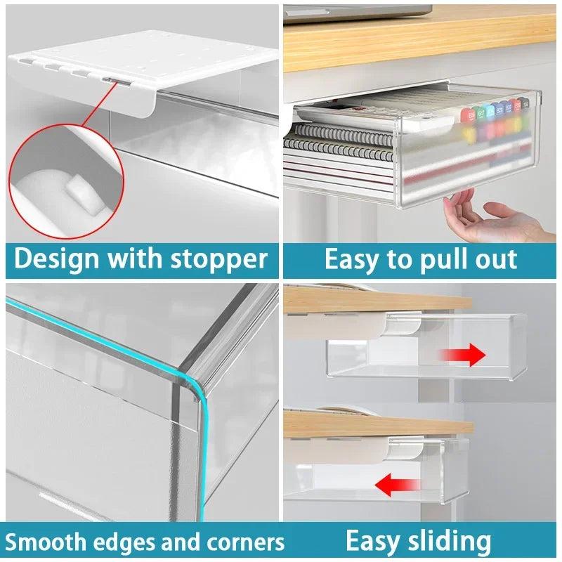 Hidden Under Desk Drawer Storage Office Organizer Desk Self Adhesive Drawers Plastic Undertable Accessories Storage Box Drawe