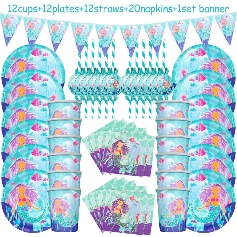 Mermaid Party Decorations Supplies Mermaid Disposable Plates Cup Napkins Set for Girls Baby Shower Mermaids Princess Birthday
