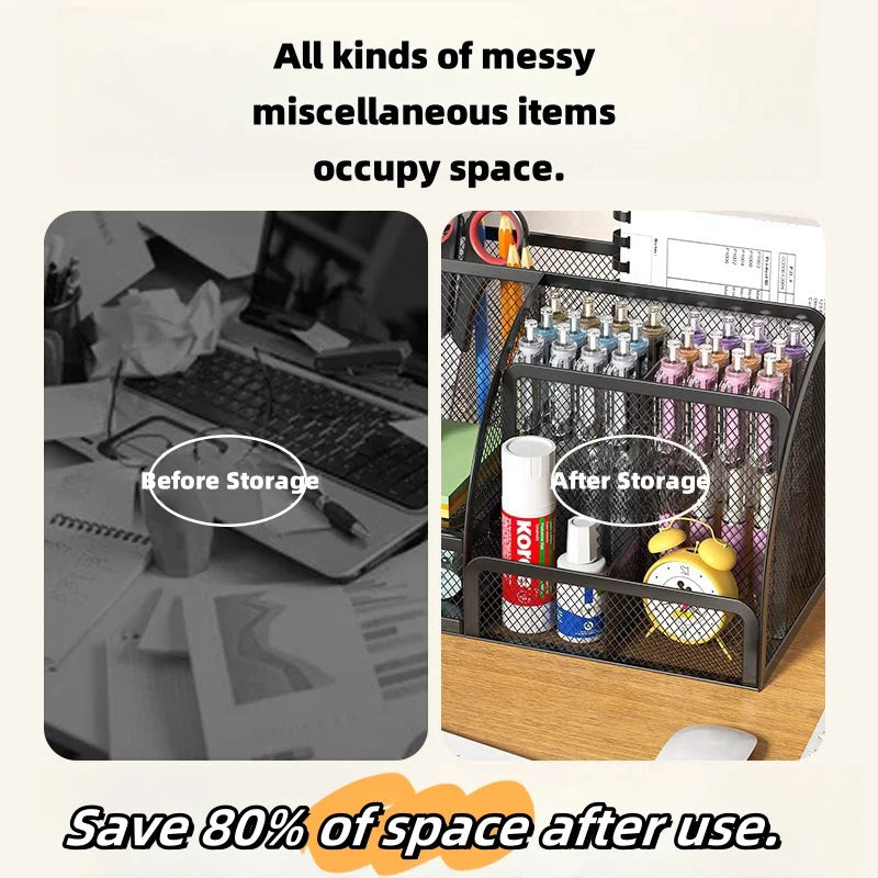 7 Compartment Metal Mesh Desktop Organizer with Drawer Pen Pencil Holder Stationery Storage for Home Office School Students Dorm