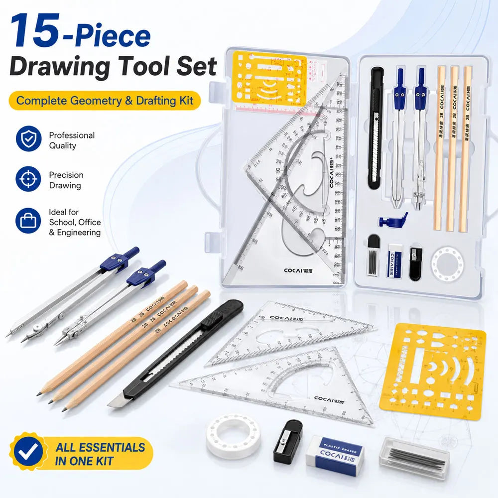 15-Piece Geometry Compass Set with Metal Compasses, Drawing Templates and Clear Rulers for School, Architecture and Woodworking