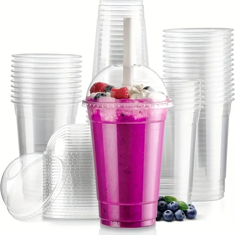 Clear Plastic Beverage Cup with Lids Disposable Cold Drink Containers for Milk Tea Juice Iced Coffee Ice Cream Dessert Party Use