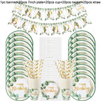 Green Eucalyptus Leaf Disposable Tableware Set Paper Plate Cup Napkin Kids Adult Birthday Supplies Hawaiian Summer Party Decor