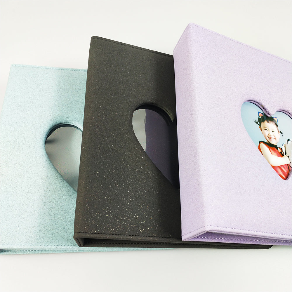 PLRBOK 3 Ring A5 Photo Album with Pockets,Binder Heart Glitter Cover Pretty Notebook Card Book 4×6 10×15 Scrapbook