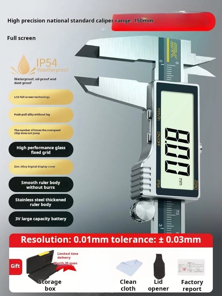 All-Metal IP54 Electronic Digital Display Vernier Calipers 0-150/200/300mm Stainless Steel HD Full Screen Caliper Measuring Tool