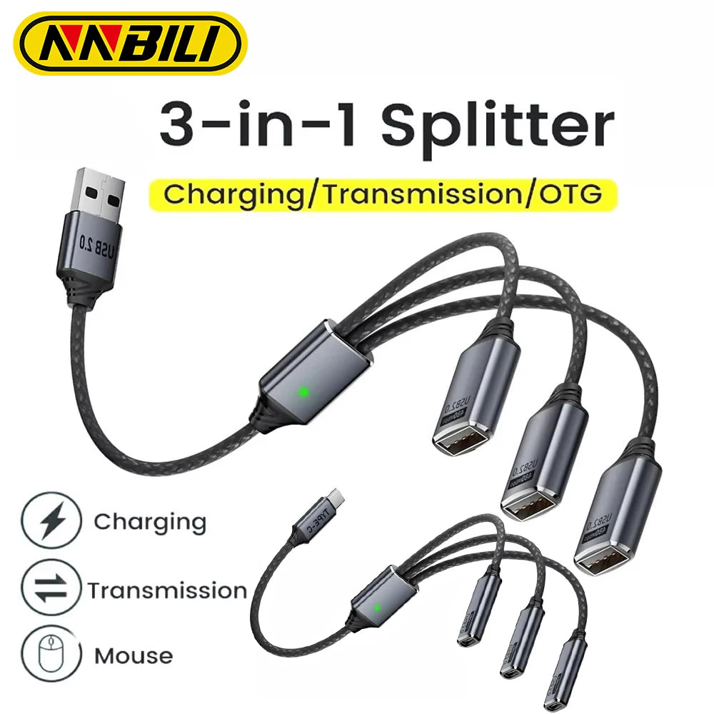 NNBILI 3 in 1 USB A/Type C Splitter HUB Expansion Cable Multi Port Expander Phone Charger  Adapter OTG Charging For Phone Table