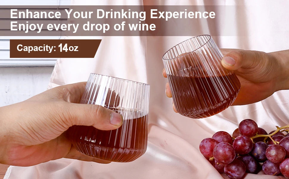 12-48Pcs 14oz Plastic Ribbed Wine Glasses Disposable Stemless Wine Glasses Plastic Cocktail Glasses for Party Unbreakable