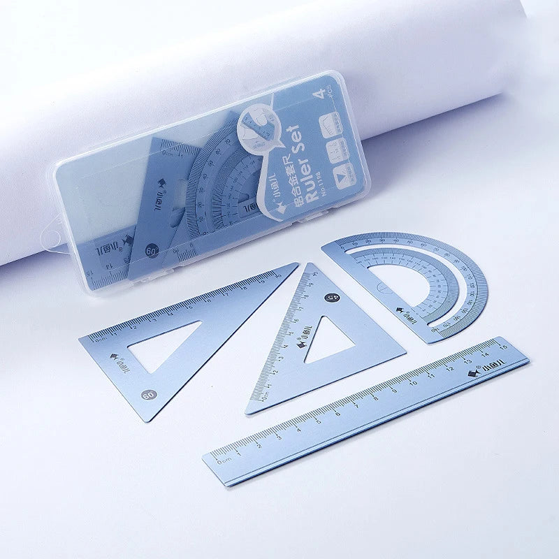 4pcs Aluminum Ruler Set,Drafting Set,With Storage Box Straight Ruler,Protractor,Students Measure Ruler Set Multi-Function Set