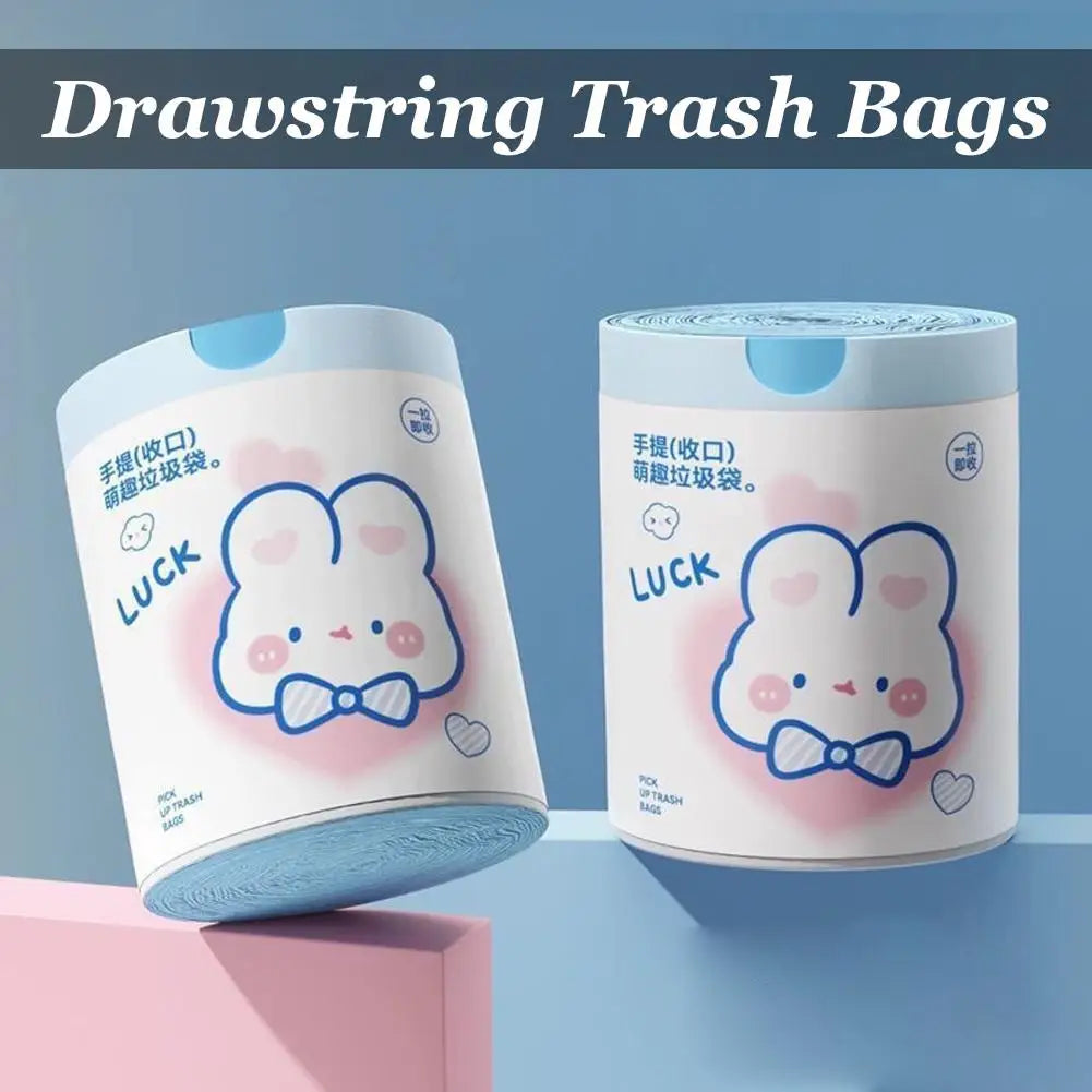 1 roll 100pcs blue rabbit garbage bag Portable Printed Thickened Garbage Bags, Stylish Blue Heart & Rabbit Drawstring Trash Bags