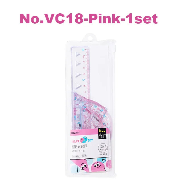 Deli 4pcs/set Transparent Soft Ruler Flexible Straight Triangle Rulers Protractor for Home Office Drawing Maths Measuring Tool