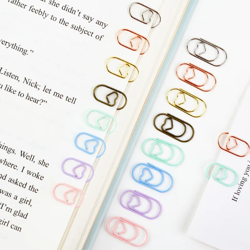 50pcs Metal Macaron Love Heart Paper Clips Gold Rose Gold Mini Bookmark Ticket Photo Binder Clips Patchwork Clip Office Supplies