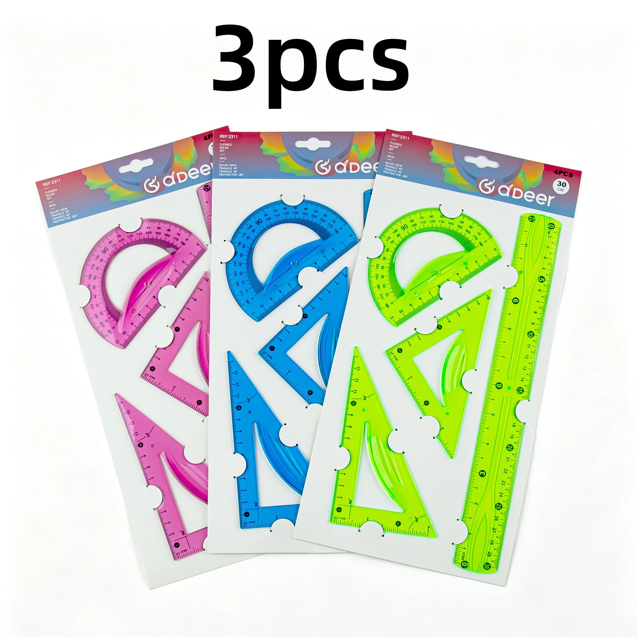 30cm Transparent Soft Ruler Set - 4 Pieces, Multi-Color with Triangle and Protractor, Ideal for Measuring and Drawing