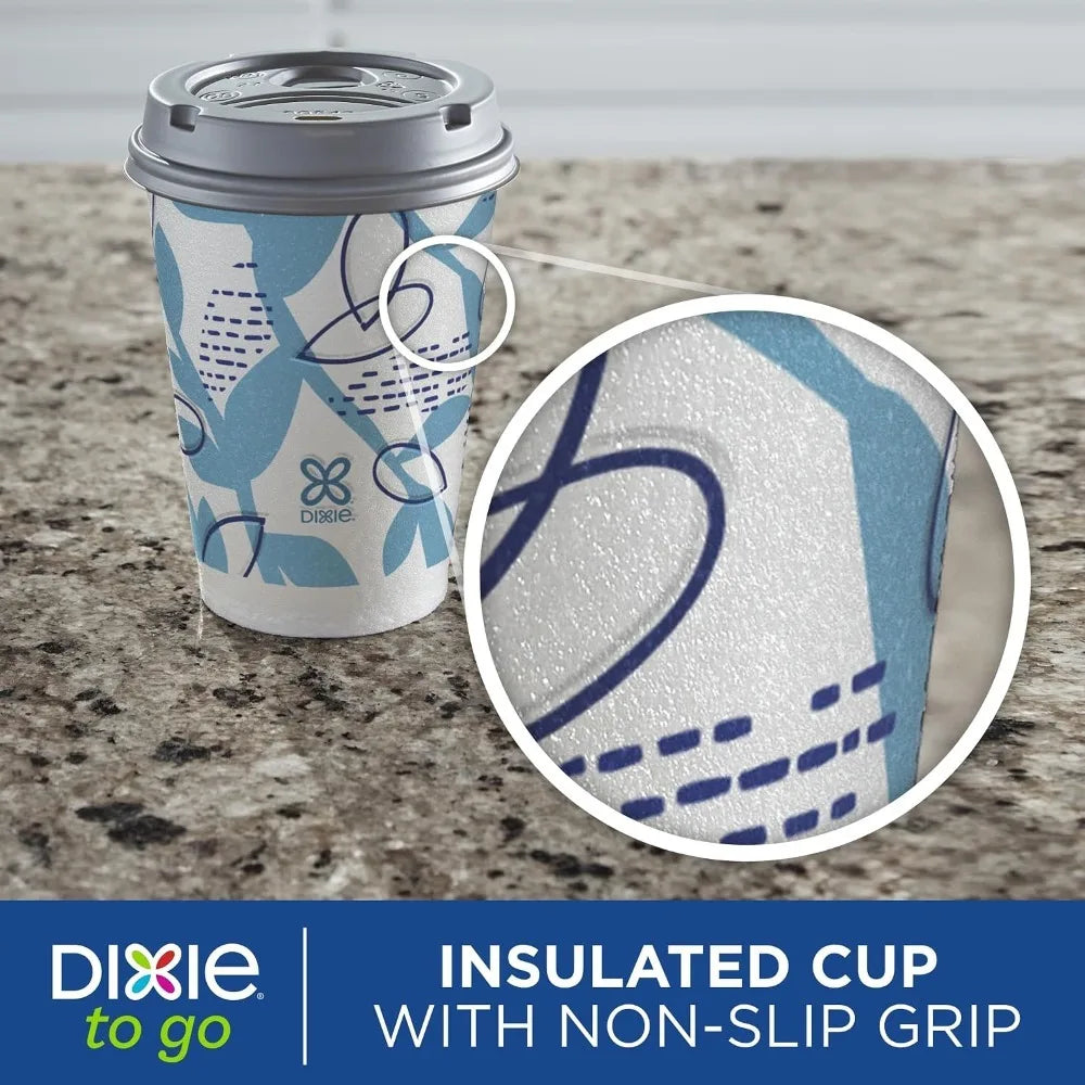 12 Oz Insulated Disposable Paper To‑Go Cups 14 Pack with Lids, Non‑Slip Leak‑Resistant Plant‑Based Travel Cups for Hot Cold Drinks