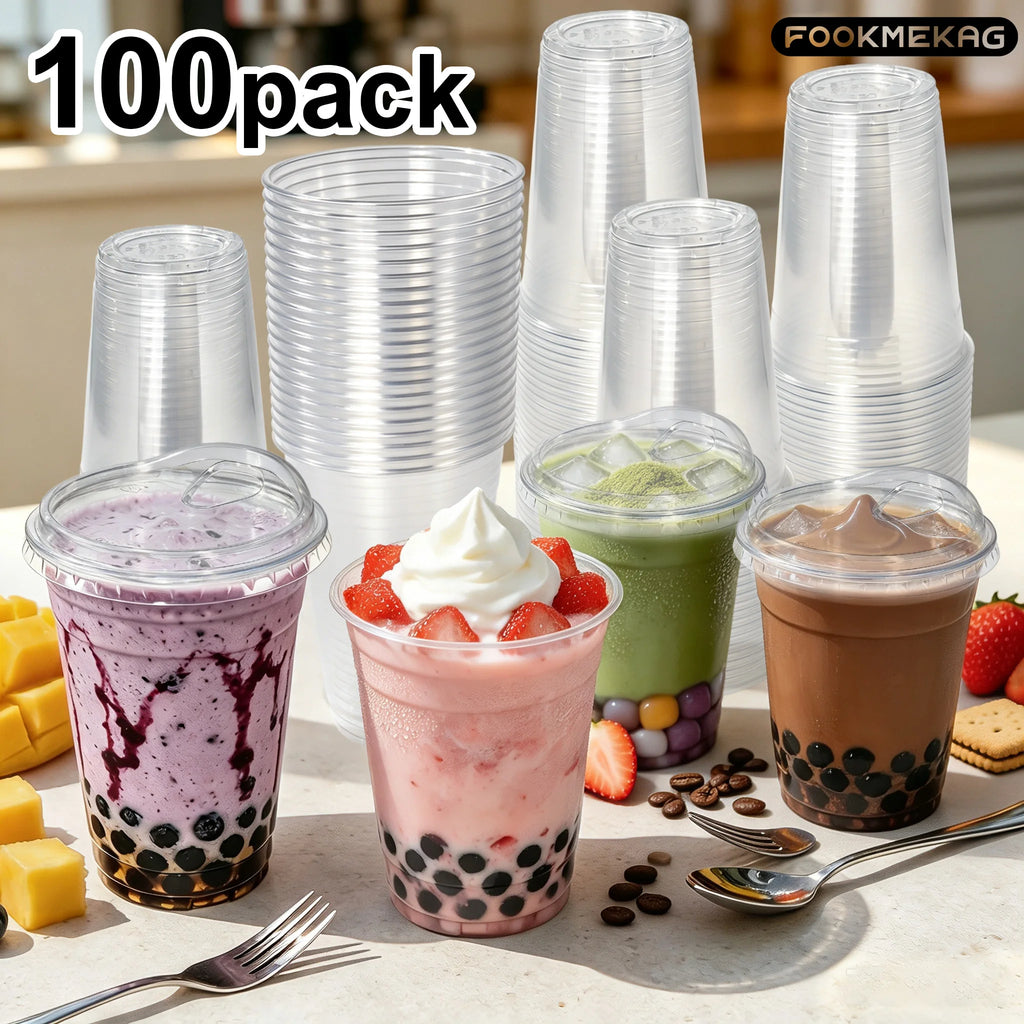 100 Sets Clear PET Reusable Cold Drink Cups With Straight Sip Lids, 12/16/20/24 Oz Freezer Safe Washable Plastic Cups Only For Cold Beverages, Ideal For Iced Coffee, Smoothies, Holiday Parties, Picnics, Family Gatherings And