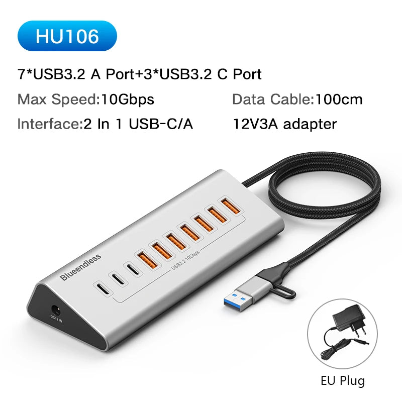 Blueendless Aluminium 10Gbps USB3.2 Gen2 4/10port HUB Docking Station USB-C USB-A Type C Splitter Adapter for PC Laptop macbook