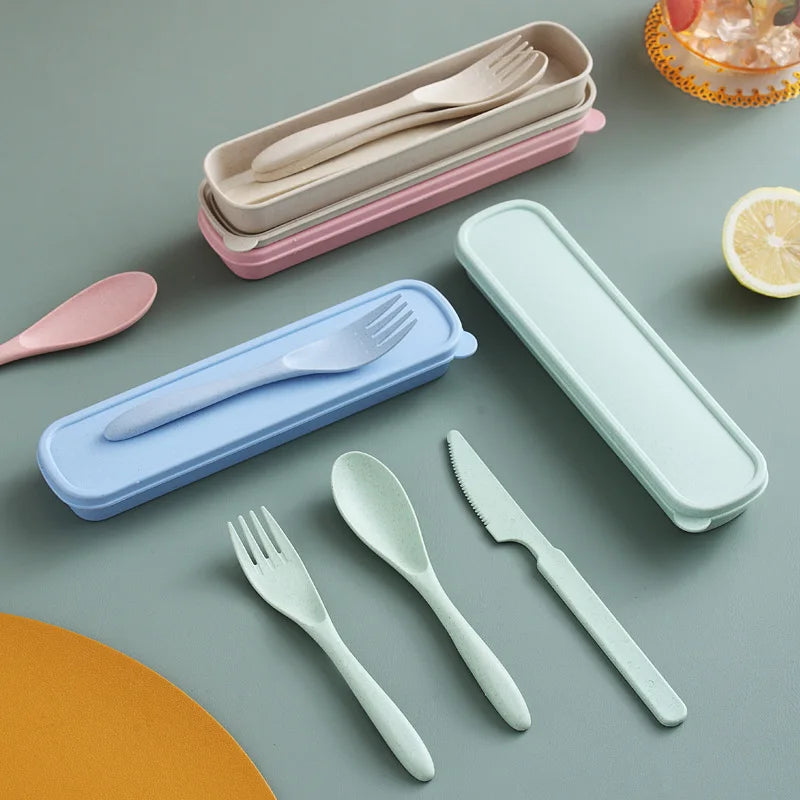 3Pcs/set Wheat Straw Dinnerware Set Portable Tableware Knife Fork Spoon Eco-Friendly Travel Cutlery  Utensil Box Chopsticks