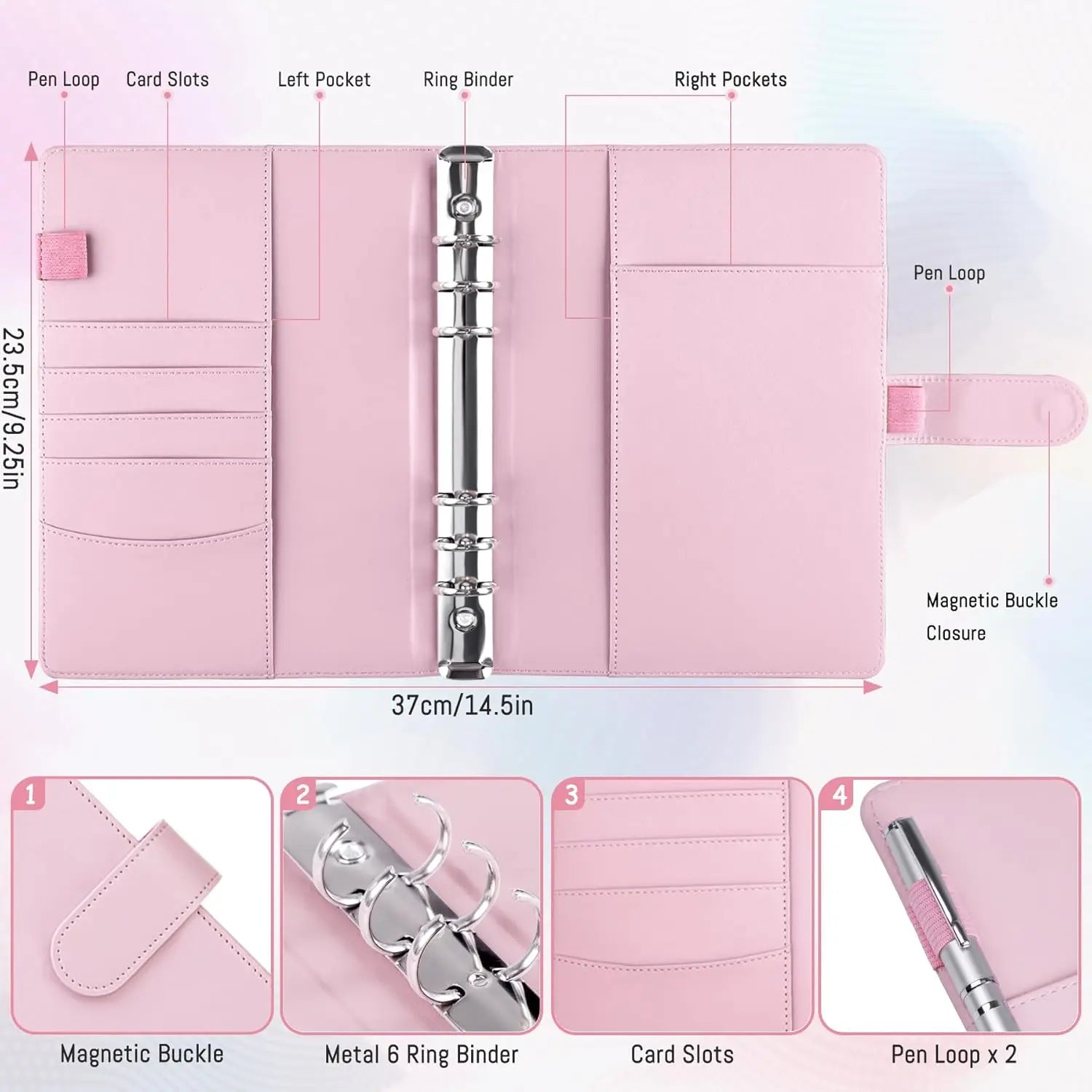 New A5 PU Leather Binder Cover with Magnetic Buckle Closure, 6 Ring Personal Notebook for Organizing Planner, Photo Card Sleeves