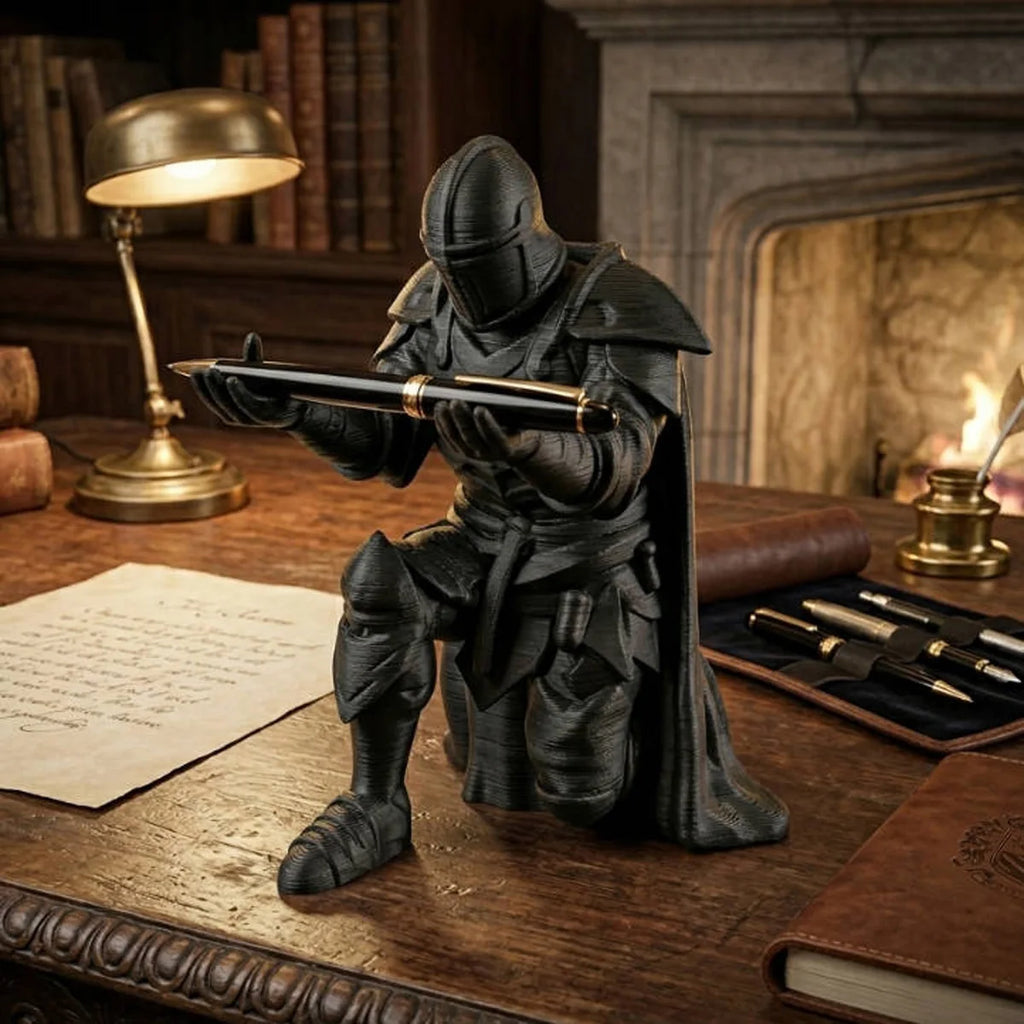 (9*7.6cm) 3D Printed Medieval Knight Pen Holder Black Silver Warrior Statue Desk Organizer Creative Office Decor Stationery Gift