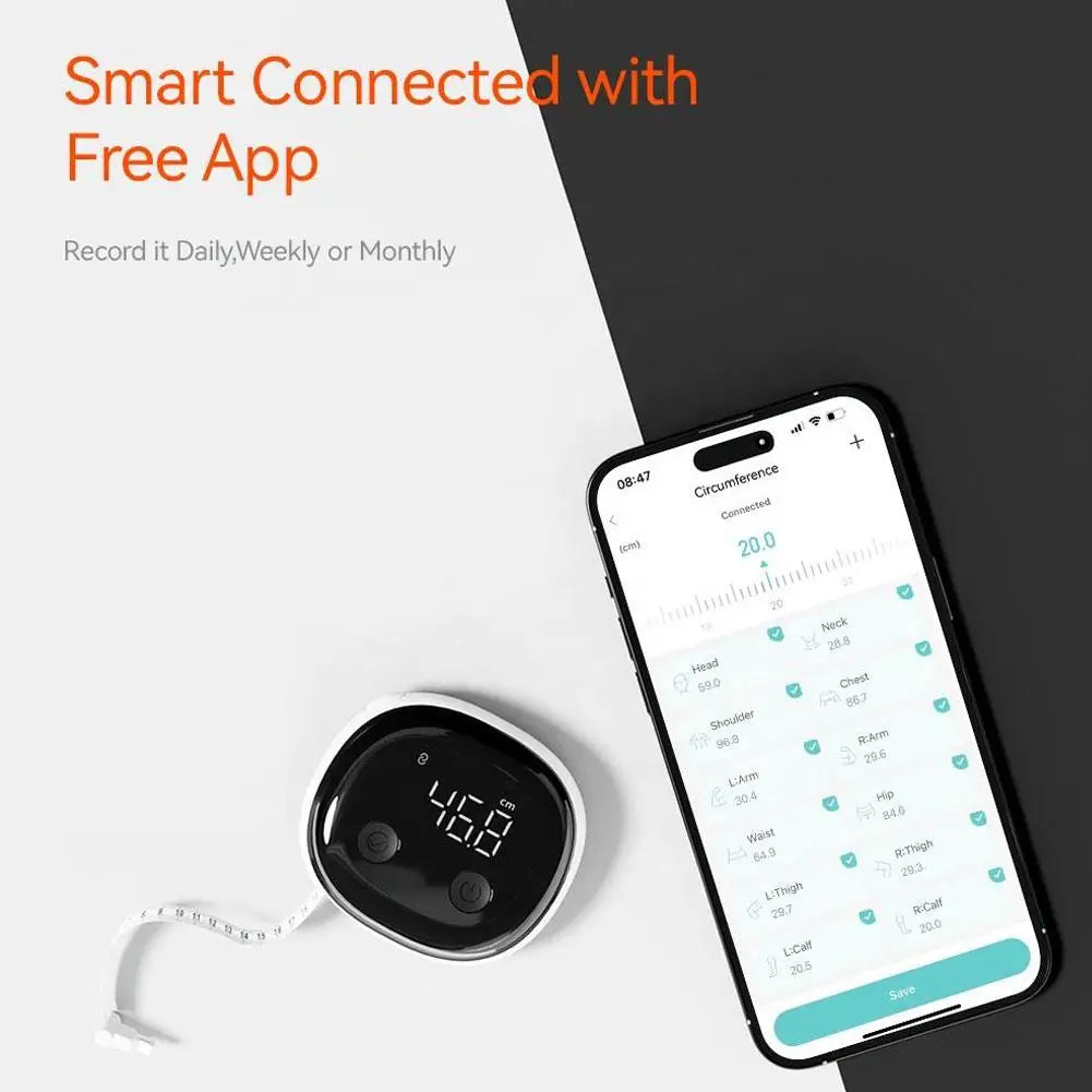 Smart Bluetooth Body Tape Measure Auto Retract Digital Caliper Tracks Waist Hip Chest With Phone App Sync