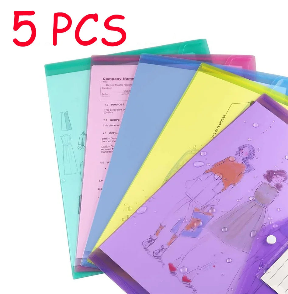 10/5pcs A4 Folders Plastic Envelopes Clear File Folder for Document Poly File with Label Pocket Snap Button for Office Organizer