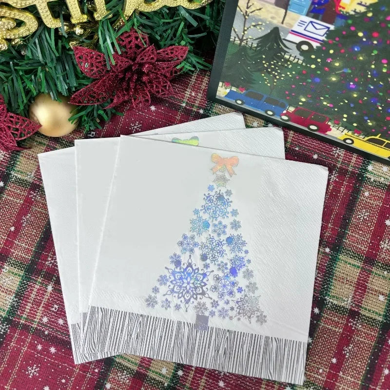 16pcs 33 * 33cm 2Layer Hot Selling Hot Stamped White Christmas Tree Napkins Christmas Disposable Table Mat DIY Decoupage Paper