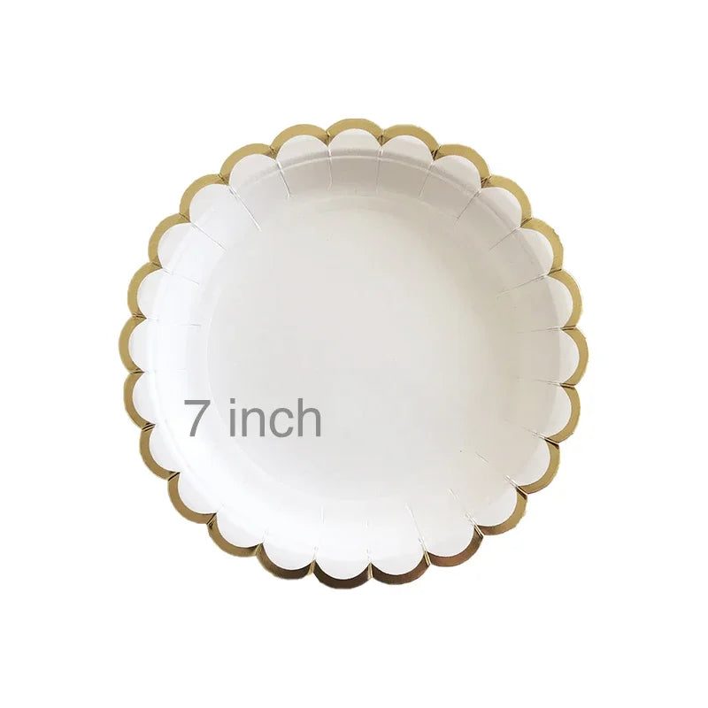 Gold and White Disposable Tableware Set with Paper Plates, Straws, and Cups, Perfect for Birthdays, Weddings, Baby Showers
