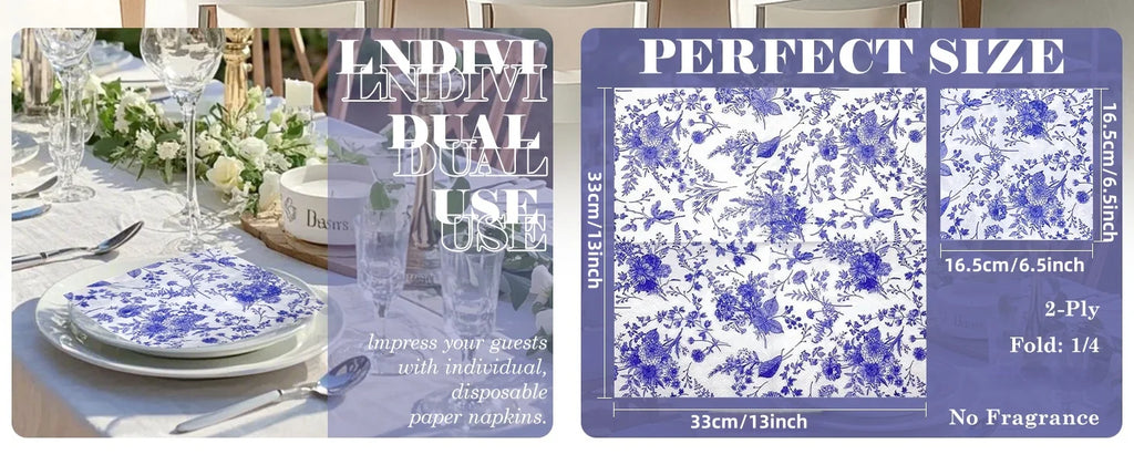 Disposable Blue Flower Porcelain Printed Napkins Birthday Wedding Tea Party Restaurant Party Decoration Tissue