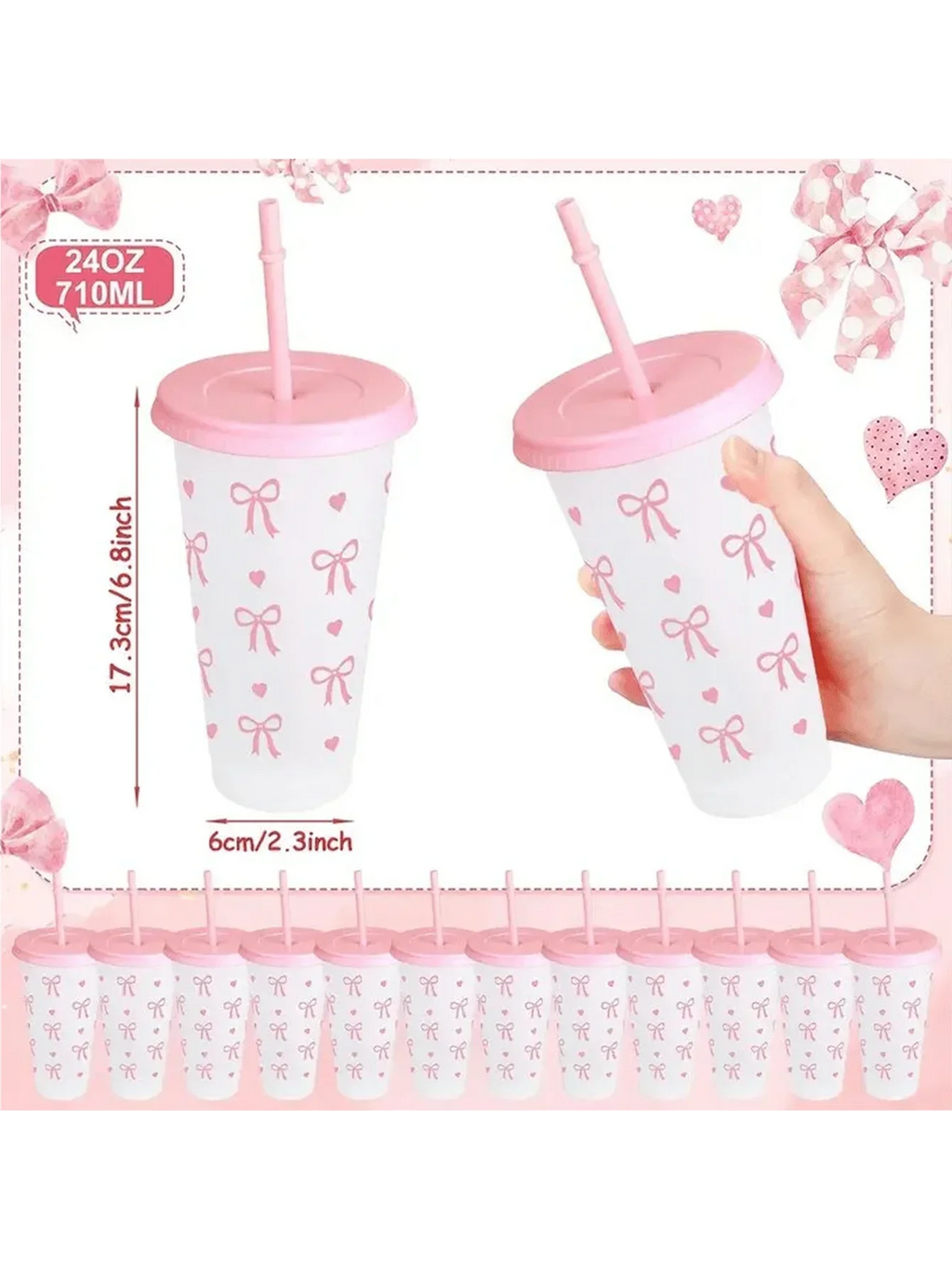 Reusable Plastic Cups With Pink Ribbons, 24 Ounces With Straws And Lids. For Parties, Drinking, Coffee, Weddings, Birthdays