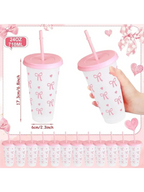 Reusable Plastic Cups With Pink Ribbons, 24 Ounces With Straws And Lids. For Parties, Drinking, Coffee, Weddings, Birthdays