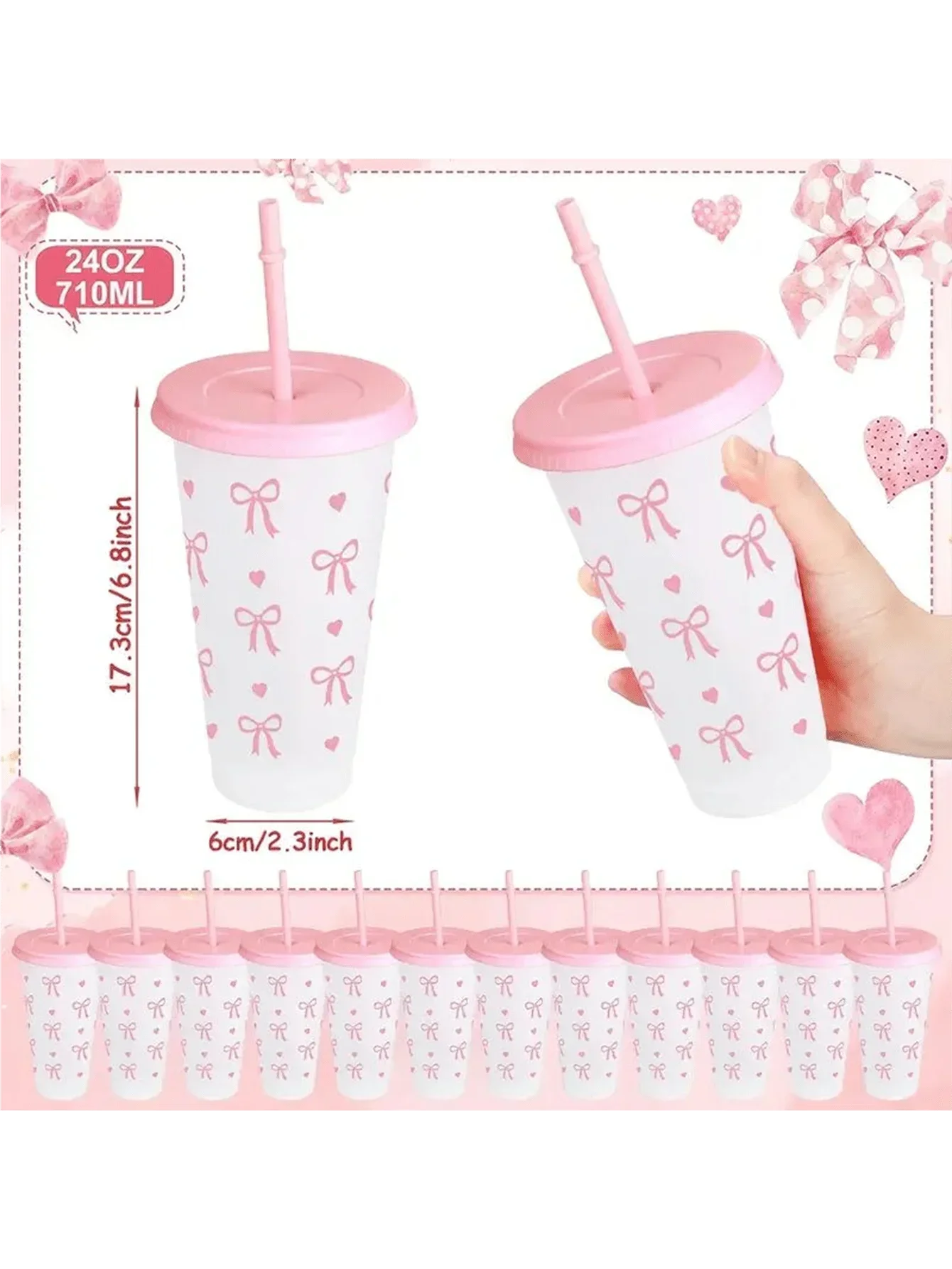 Reusable Plastic Cups With Pink Ribbons, 24 Ounces With Straws And Lids. For Parties, Drinking, Coffee, Weddings, Birthdays