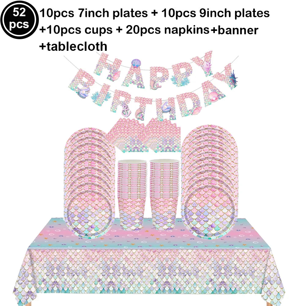 Mermaid Party Supplies Mermaid Scales Pattern Paper Plate Cup Napkin Popcorn Box Food Bowl Girl Birthday Party Baby Shower Decor