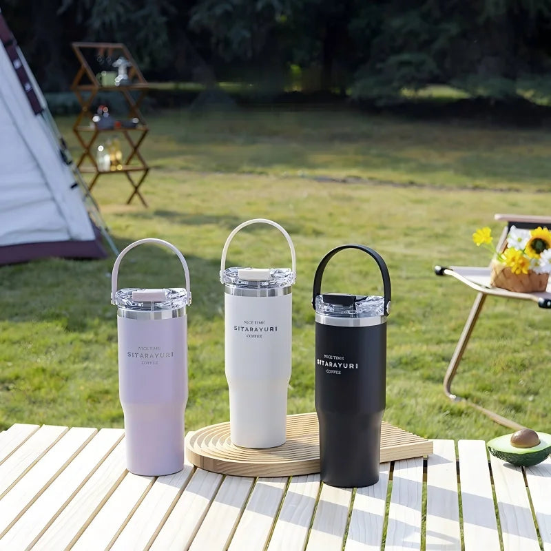 Large Capacity Insulation Cup, 30.43oz Drinking Coffee Water Cup With Straw, Simple Water Bottle