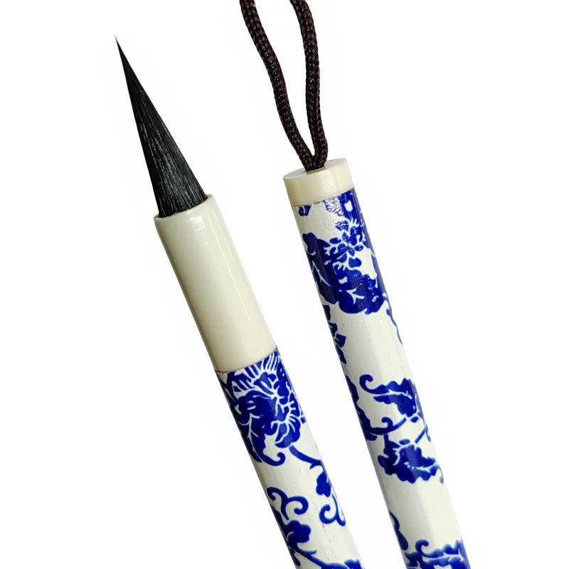 3PCS Chinese Style Calligraphic Brushes Blue and White Porcelain Pen Holder Weasel Wool Hair Writing Brush Xiaokai Kaishu Brush