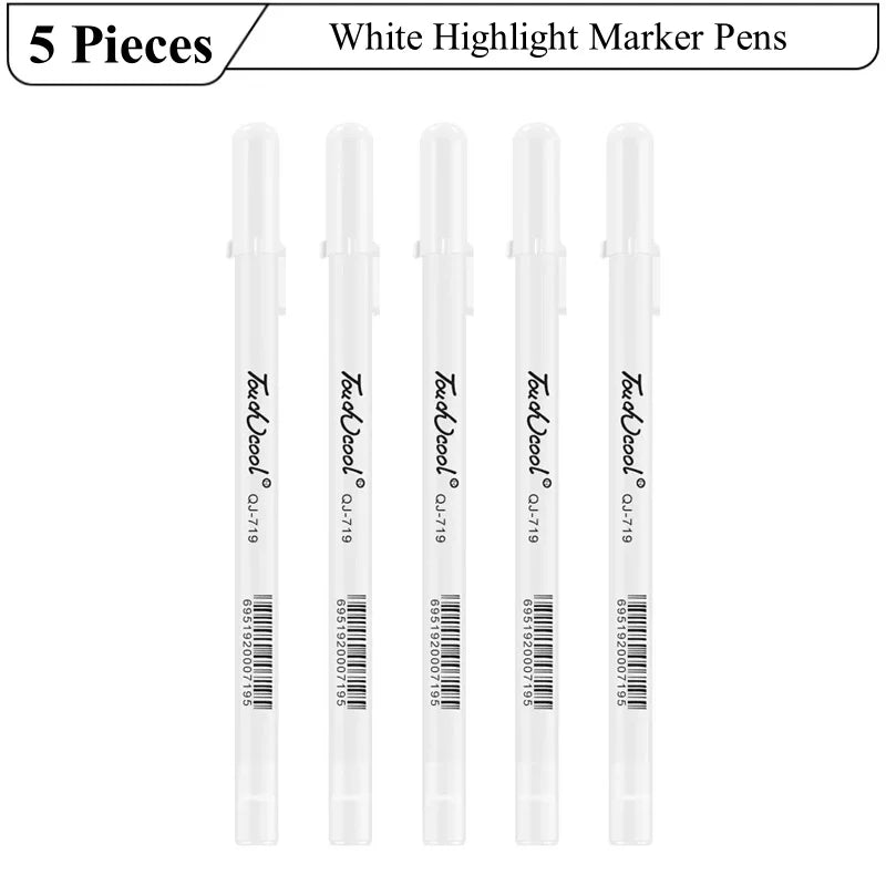 5Pcs White Manga Marker Pens Set 0.8mm Permanent Ink Waterproof Art Brush Pen for Scrapbooking Black Paper Drawing Tire Pen