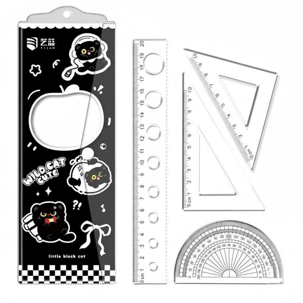 Cartoon Cat Ruler Set, Acrylic Geometry Tools, Student Stationery, Includes Triangle Ruler, Protractor, Straight Ruler, Cute