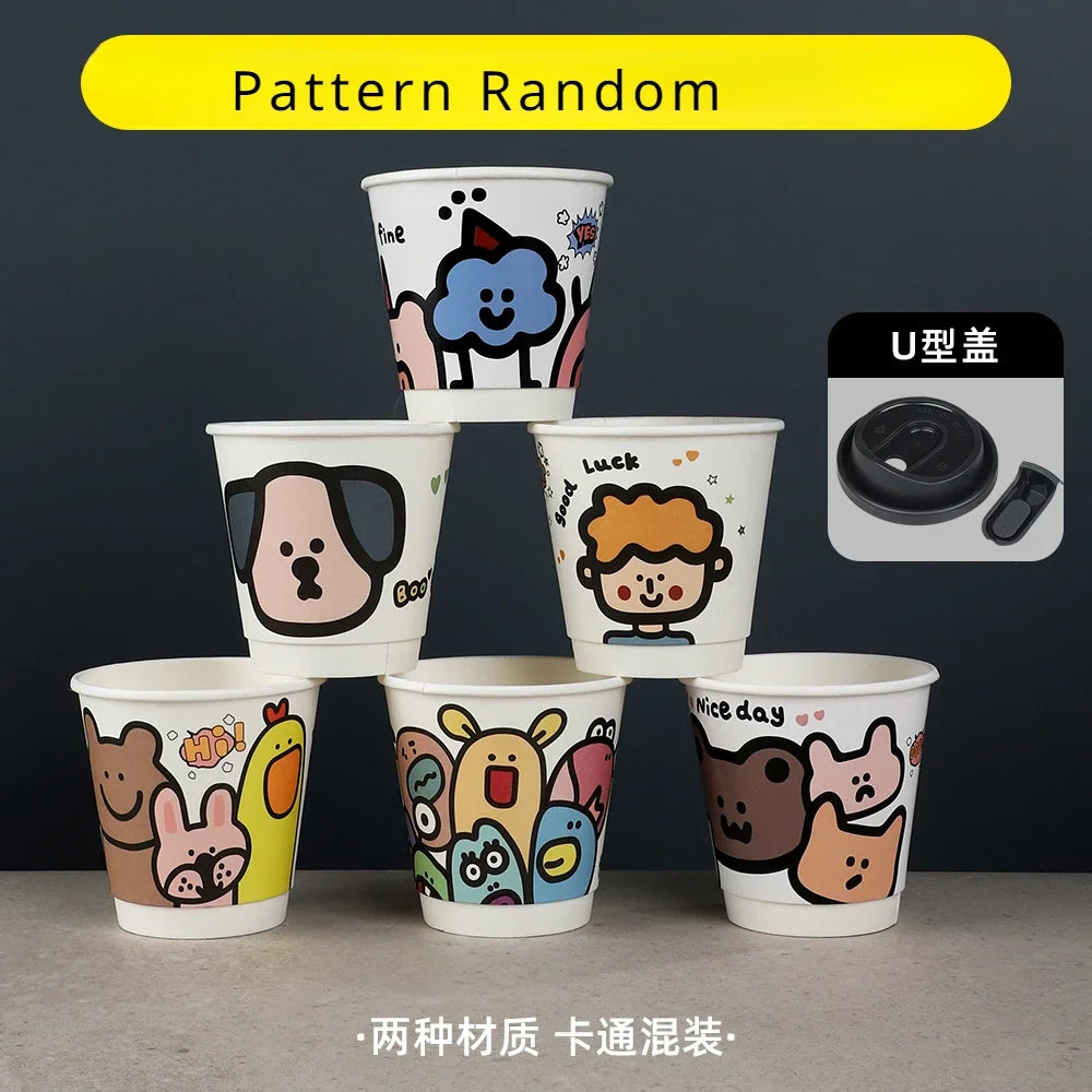 25pcs 90 Caliber Disposable Coffee Cups Fresh Milk Hot Drink Thickened Cartoon Paper Cup Milk Tea Takeaway Packag Cup with Lid
