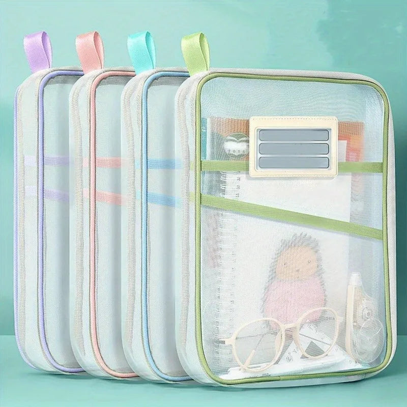 A4 Zipper File Bag Nylon Documents Storage Three Layers Thick Mesh Fabric Transparent Pouch for Books Office Students Supplies