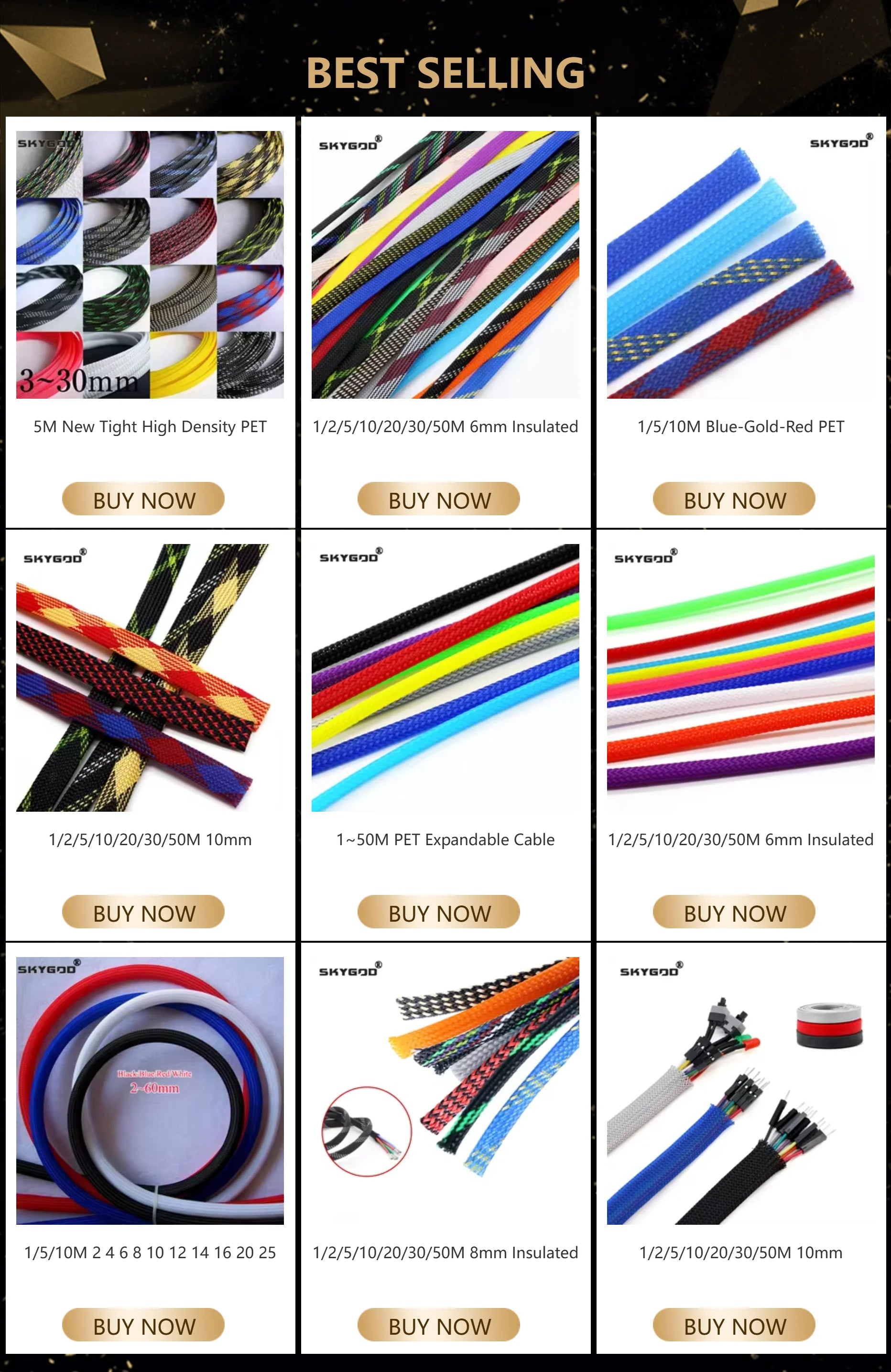 1~50m PET Braid Sleeves Black 2/4/6/8/10/12/14/16/20/25/30/35/40/50/60mm High Density Insulated Snake Skin Cable Wrap Sheath