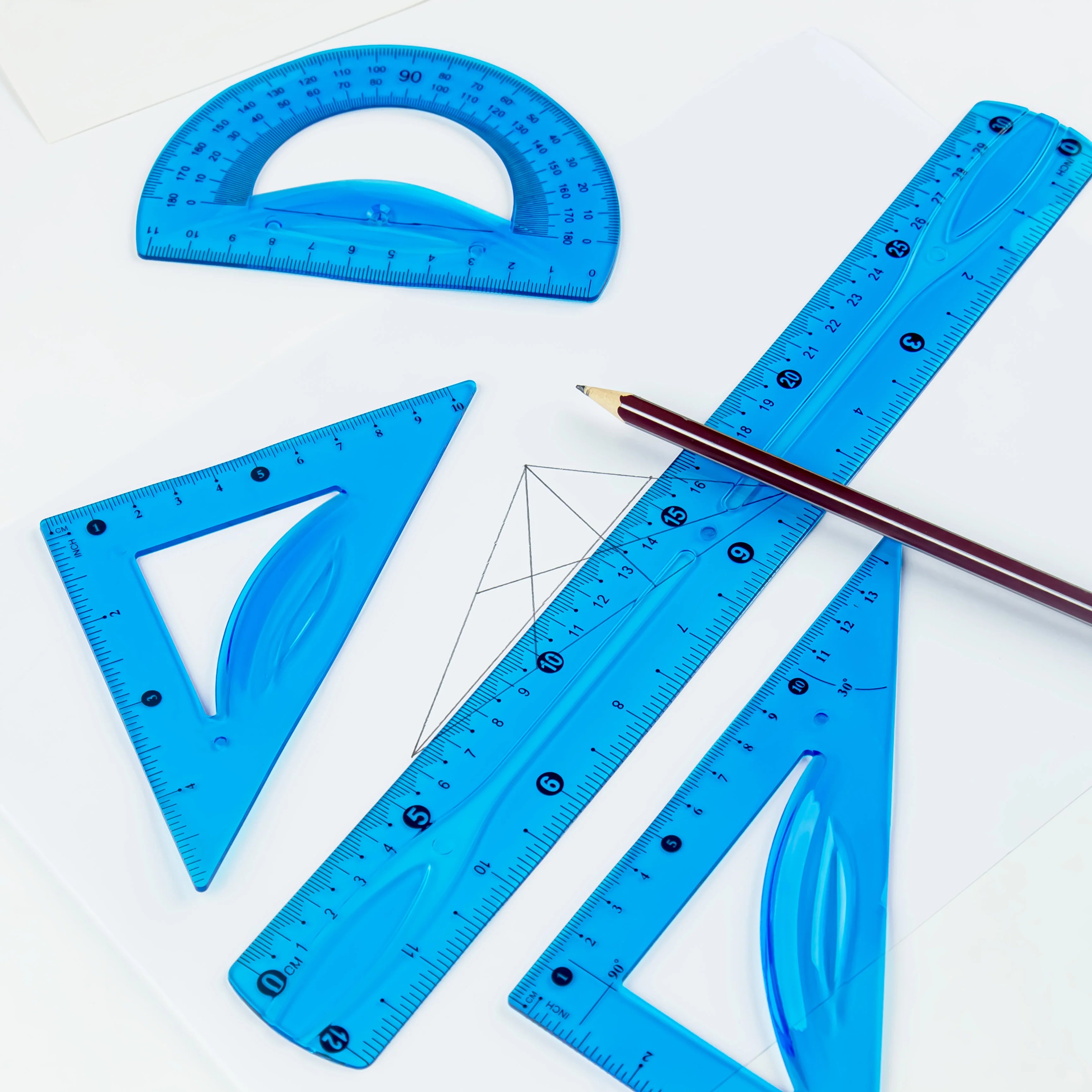 30cm Transparent Soft Ruler Set - 4 Pieces, Multi-Color with Triangle and Protractor, Ideal for Measuring and Drawing