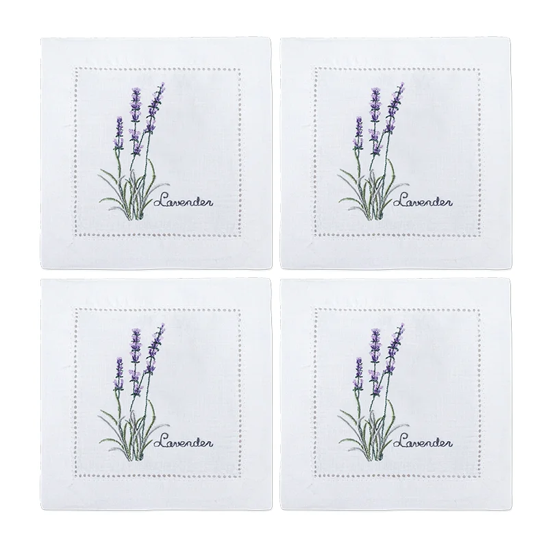 New Embroidered Herb Cocktail Napkin, Pure Linen, Lavender, Rosemary, Mint，Sage，Natural, Elegant, Tea Napkin, 15x15cm,