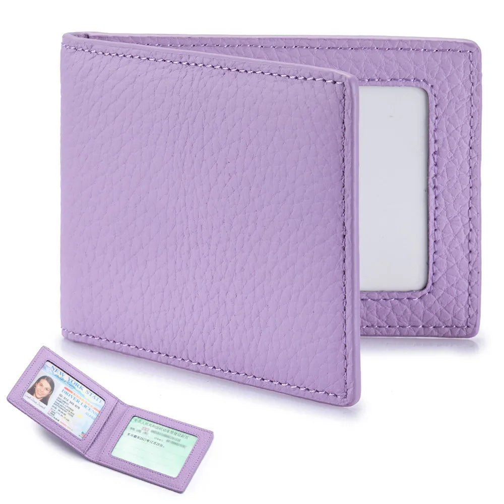 Thin Minimalist Bifold Design Driver's Licence Cover Genuine Leather ID Badge Window Slot Credit and Debit Vaccinum Cards Holder