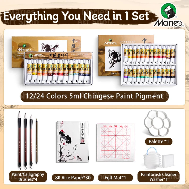 Marie's Chinese Paint Pigment Set,12/18/24/36 Colors 5ml/0.17oz Sumi Watercolor with 8pcs Art Tools for Landscape,Ink,Writing