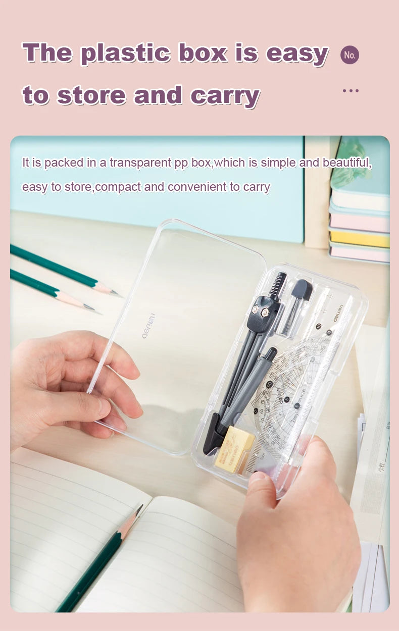Deli Compass Set Mathematical Drawing Set Tool Professional Multifunctional Ruler School Supplies 7pcs/Set Drafting Set