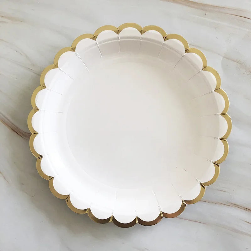 Gold and White Disposable Tableware Set with Paper Plates, Straws, and Cups, Perfect for Birthdays, Weddings, Baby Showers
