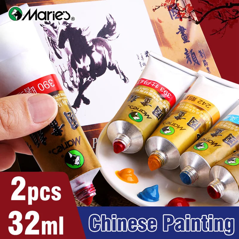 Marie's Chinese Painting Pigment Set,2pcs 32ml/1.13oz Tube,Watercolor Sumi Paint Kit for Drawing,Writing,Ink,Landscape for Adult