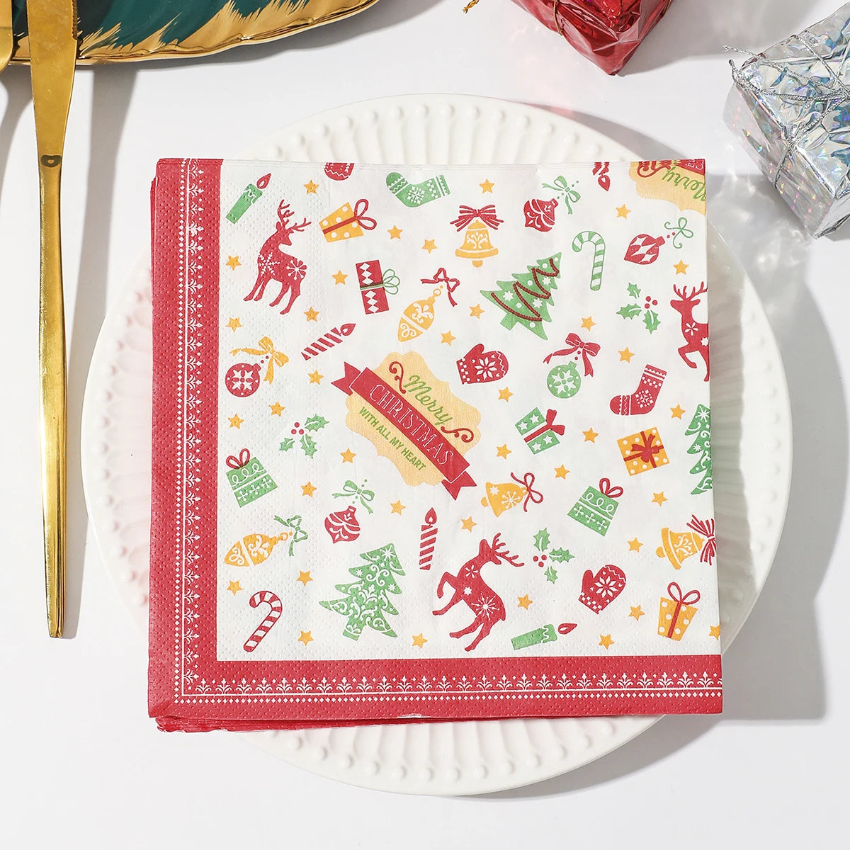 Christmas Party Napkins Disposable Dinner Serviettes Santa Claus Christmas Tree Gifts Flower Element Style Art Decoupage Napkins