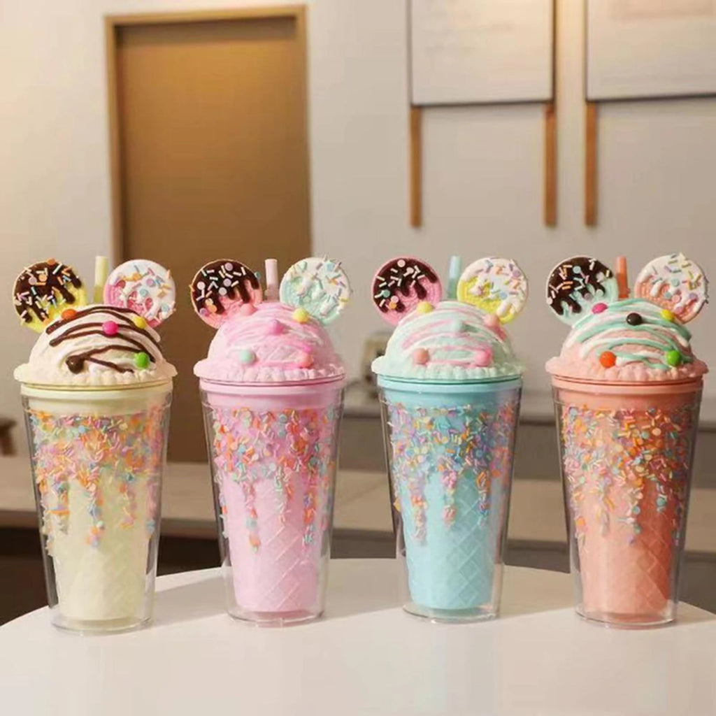 450ml Fashion Cartoon Ice Cream Straw Cup Adorable Plastic Bear Drinking Cup With Lid Milk Tea Cup For Women Girls Outdoor Home