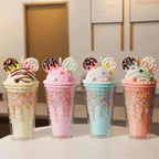 450ml Fashion Cartoon Ice Cream Straw Cup Adorable Plastic Bear Drinking Cup With Lid Milk Tea Cup For Women Girls Outdoor Home