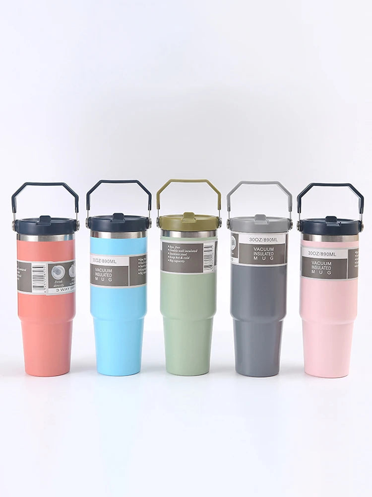 30OZ Portable Car Cup Stainless Steel Thermos Cup with Straw Travel Sports Water Bottle With Handle Cover Coffee Vacuum Flask