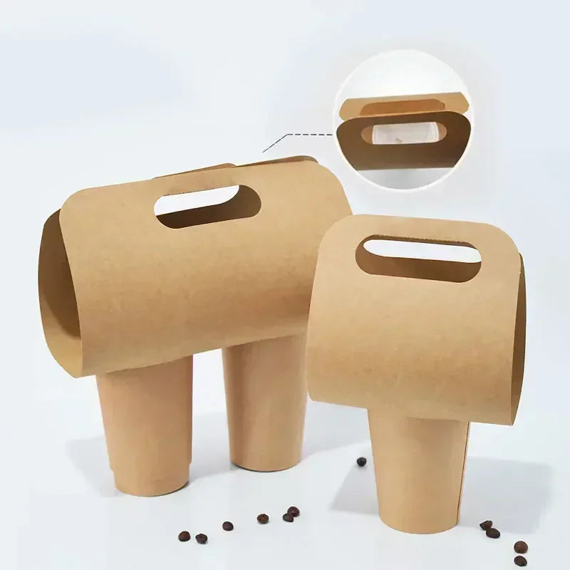 50pcs Disposable Milk Tea Handheld Cup Holder Thick Kraft Paper Takeaway Portable Package Creative Coffee Paper Cup Handle