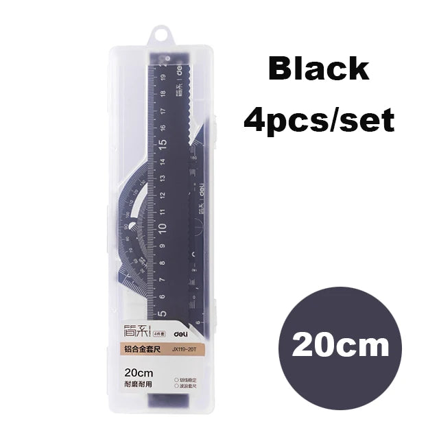 Deli 4Pcs Student Stationery Set Triangle Ruler Straight Ruler Grid Ruler Angle Measuring Tool Aluminum Alloy Material